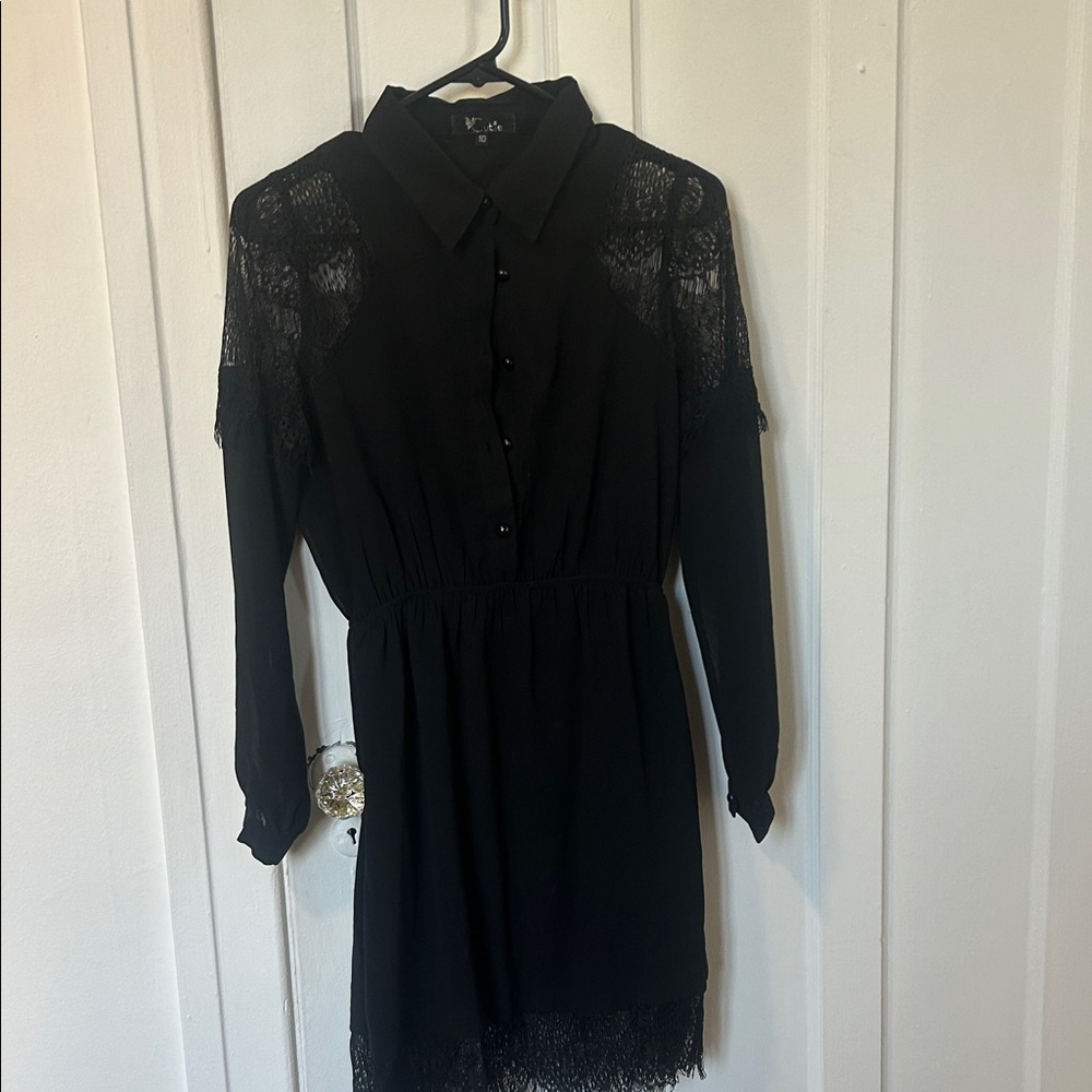 Black Lace-Trim Shirt Dress - Brand: Unknown small